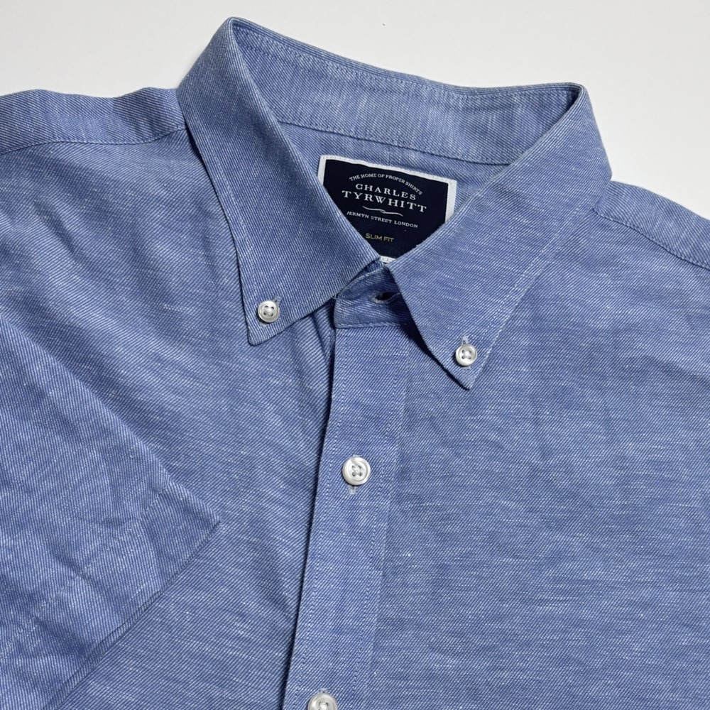 Charles Tyrwhitt Linen Blend Mens L Slim Fit Blue Short Sleeve Button Down Shirt